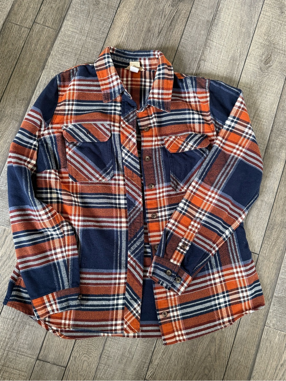 Duluth Trading Co Orange and Navy Plaid Shirt